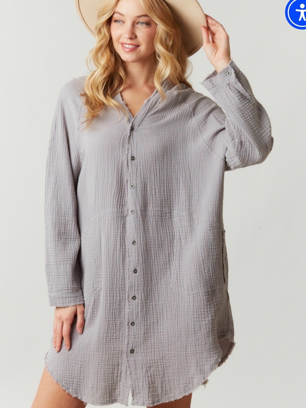 Peach Love California Long Sleeve Button Front Dress — Light Gray